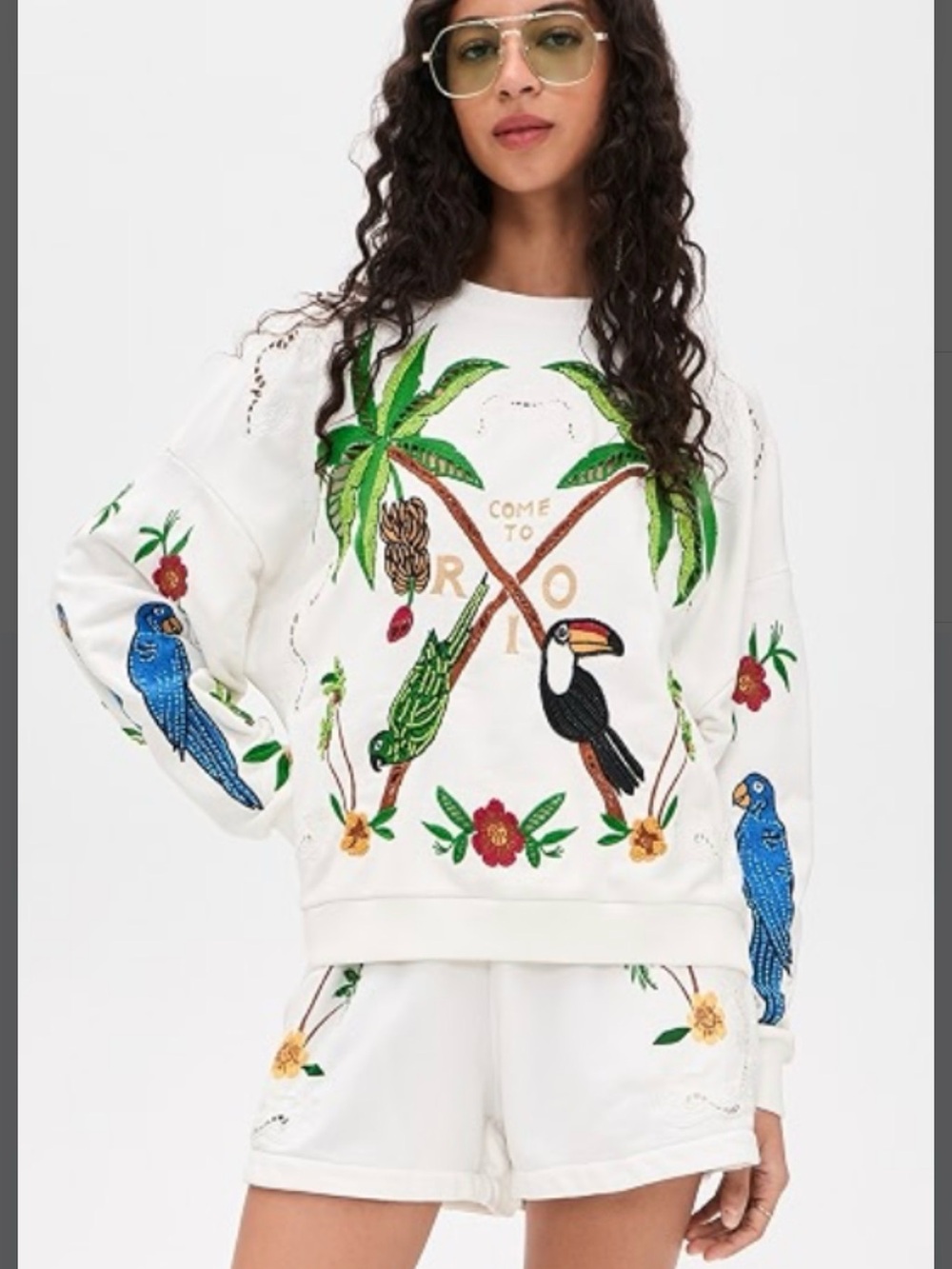 FARM Rio White Tropical Embroidered Jumpsuit with Parrot & Toucan Motifs